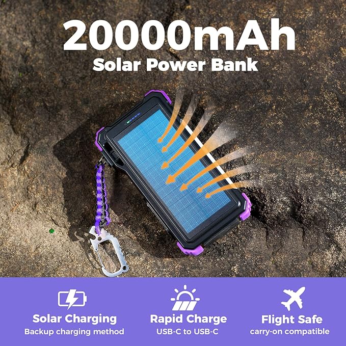 BLAVOR Solar Power Bank 20000mAh/74000mWh Built-in Cables, Wireless Charger for Apple Watch, 20W Fast Charging Battery Pack with USB C, Flashlight, Solar Charger for iPhone, iPad, iWatch, Samsung