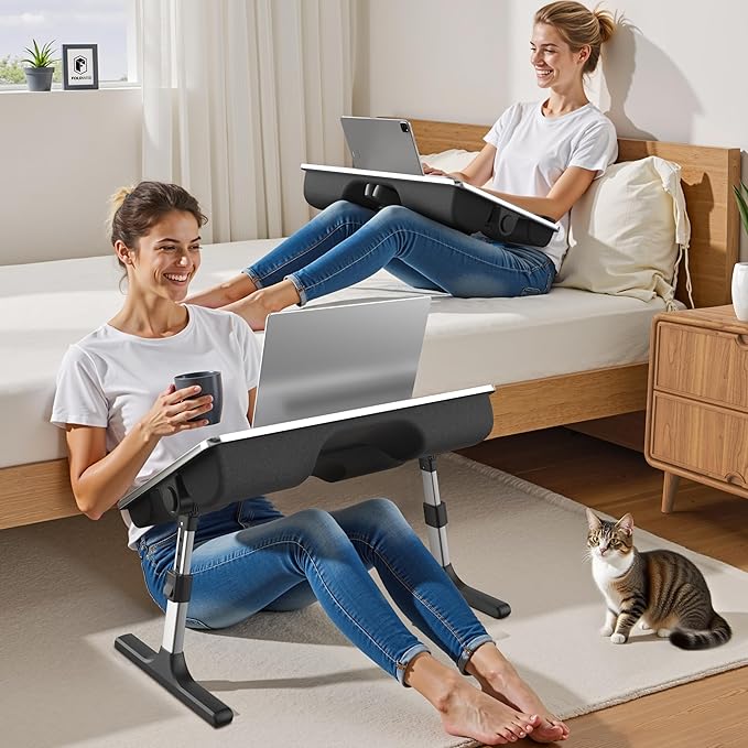 FoldWise 2-in-1 Lap & Bed Desk with Soft Cushions - Adjustable Height & Angle, Foldable Laptop Stand for Bed & Couch - Wrist Rest, iPad Holder, Stopper & Non-Slip Leather - Bed Table for Adults & Kids