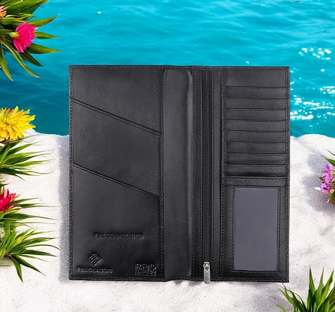 Passport Wallet - Travel Document Holder w/RFID Blocking – Full Grain Leather – Bifold big Wallet with Credit Card Slots for Women and Men,Black,FL-522-10