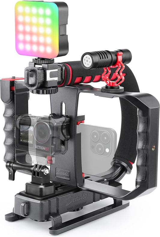 Zeadio Smartphone Camera Stabilizer Kit, Portable Handle Grip Handheld Video Rig with RGB Video Light and Microphone, Fits for All Camcorder, Camera, DSLR and All iPhone and Android Smartphones