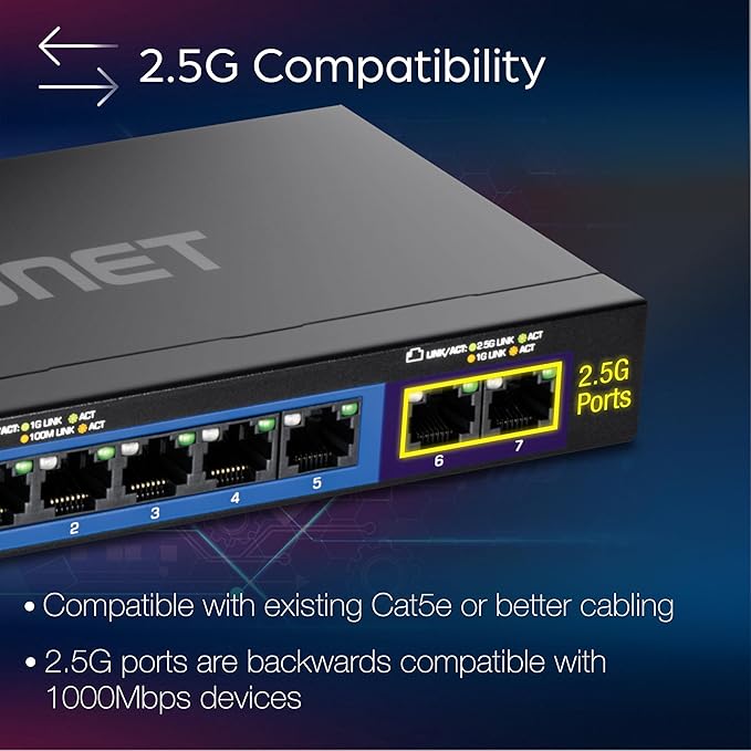 TRENDnet 7-Port Multi-Gig Gaming Switch, TEG-S327, 5 x 1G RJ-45 Base-T Ports, 2 x 2.5G RJ-45 Ports, 20Gbps Switching Capacity, Wall Mountable, Plug & Play, Lifetime Protection, Black