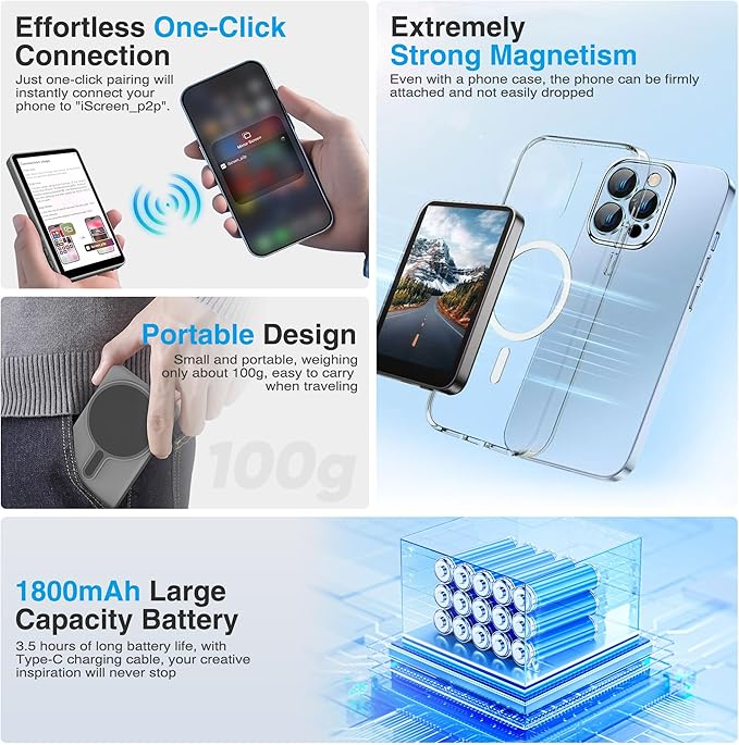 Magnetic Phone Vlog Selfie Monitor Screen - Back Camera Selfie Monitor - 1080P Display can Wirelessly Connect to Mobile Phones - Rear Camera Selfie Screen with Remote Controller(Grey)