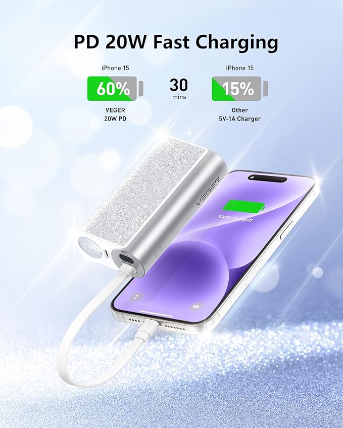 VEGER Compact Portable Charger with Built in Cable(Removable), 10000mAh Cute Power Bank 20W Fast Charging, Sparkling Battery Pack Fashion Travel Accessory Compatible with iPhone 15/14, Android-Sliver