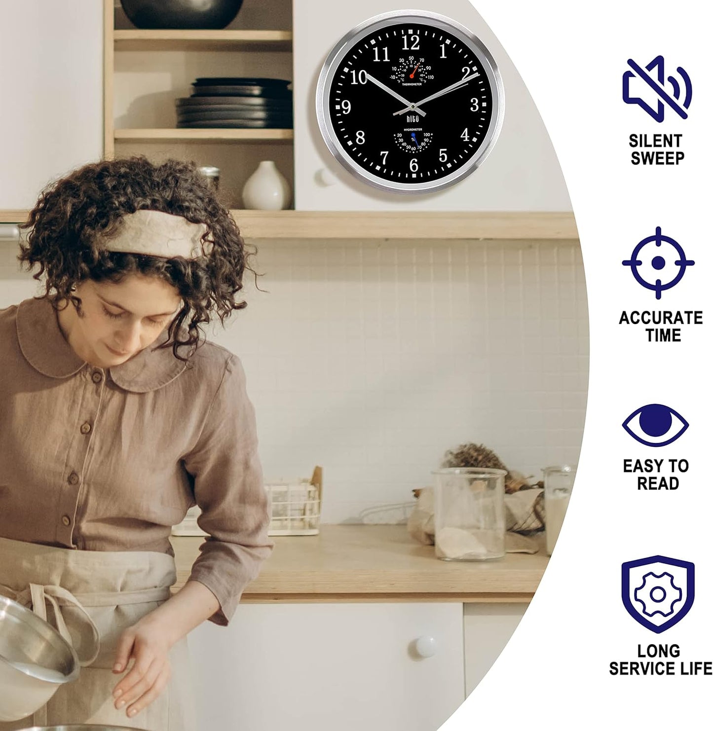 HITO 12 Inch Silent Wall Clock Battery Operated Non Ticking Glass Cover Silver Aluminum Frame, for Kitchen, Bedroom, Home Office, Living Room Decor (12" Black)