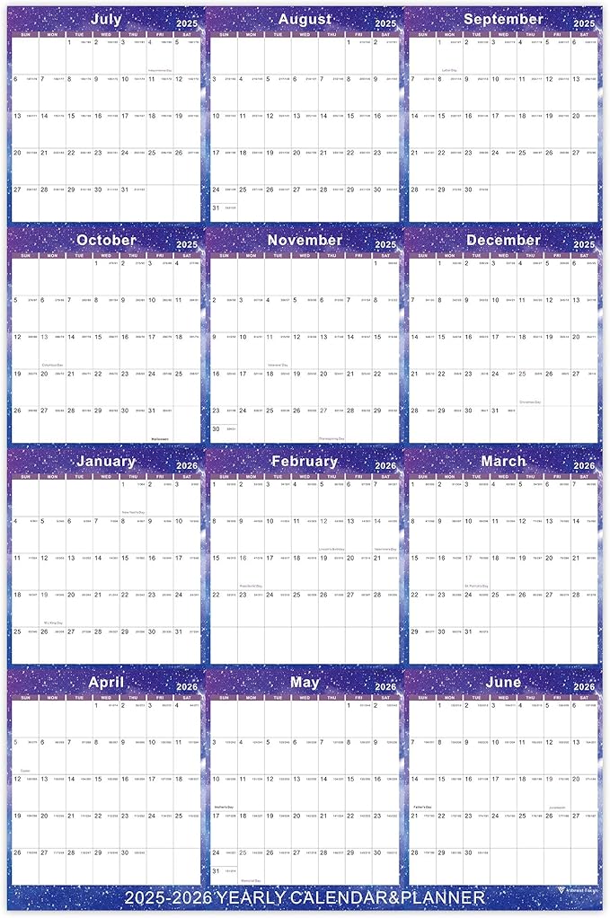 2025-2026 Yearly Wall Calendar - annual calendar with Thick Paper, July 2025 - June 2026, X Large, 34.7" x 22.8" (2025-2026 Yearly Wall Calendar - Purple Star)