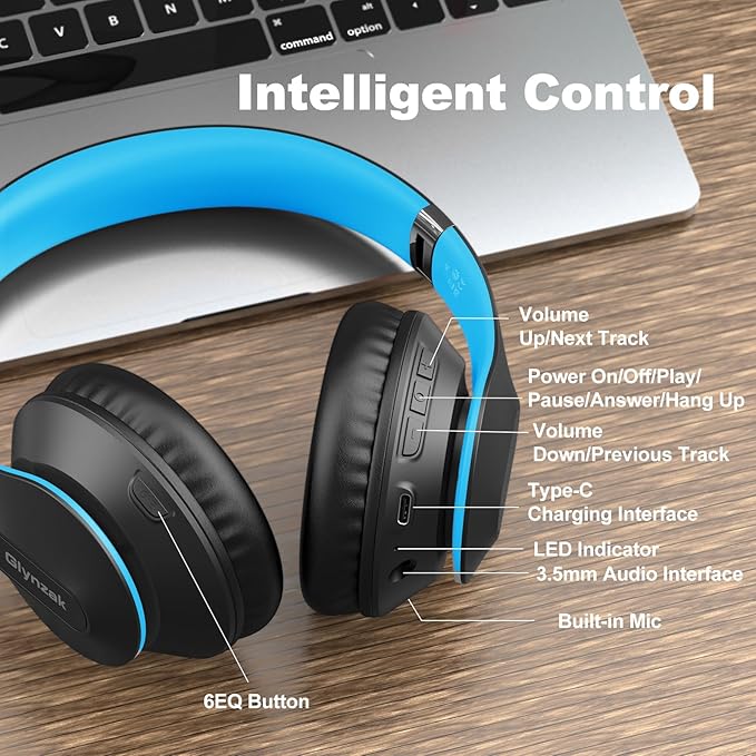 Wireless Bluetooth Headphones Over Ear, 65H Playtime HiFi Stereo Headset with Microphone and 6EQ Modes Foldable V5.3 Bluetooth Wireless Headphones for Travel Computer Laptop