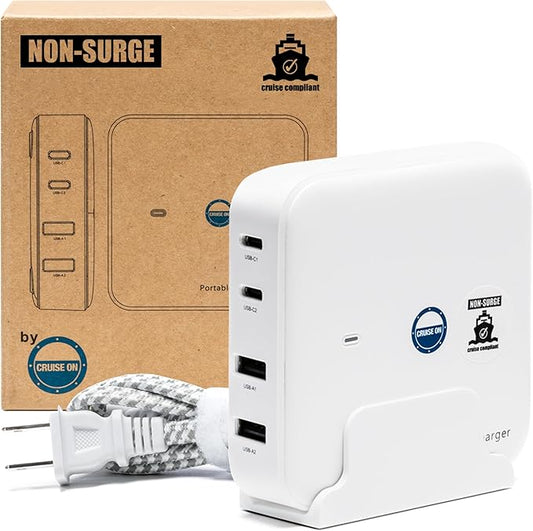Cruise Approved Power Strip (Royal Caribbean, Disney & More) - Non Surge USB Charger [2 USB, 2 USB-C] 4 Port Charging Station, 3.8 ft Cord for iPhone, iPad, Laptops, More - Cruise Ship Essentials