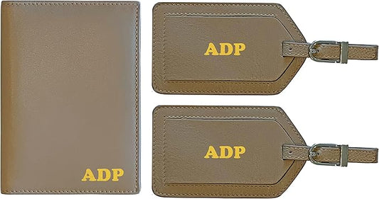 Personalized Monogrammed Taupe Leather RFID Passport Wallet and 2 Luggage Tags