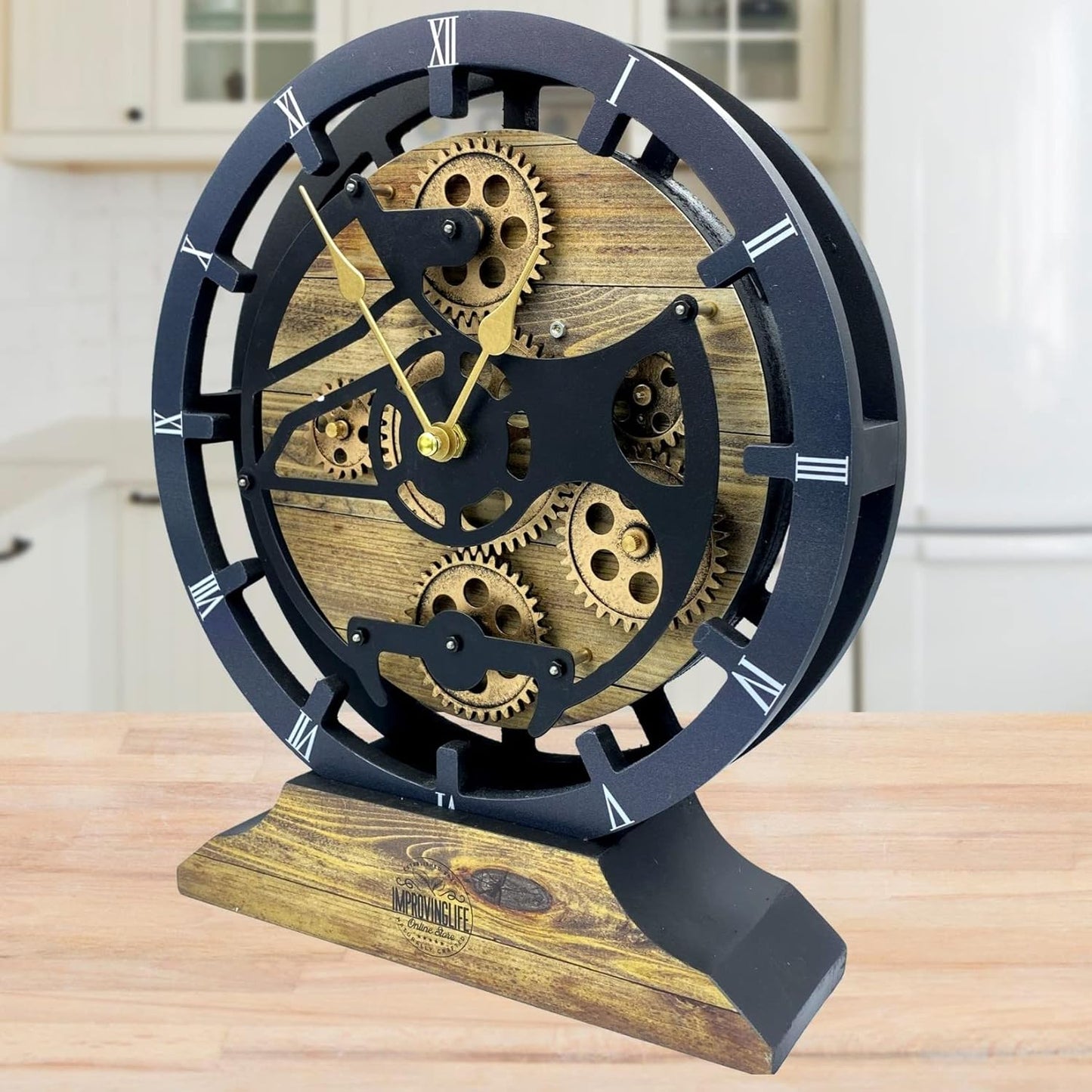 The Gears Clock Desk Clock 10 inches with Real Moving Gears Convertible into Wall Clock (Gold Antique)