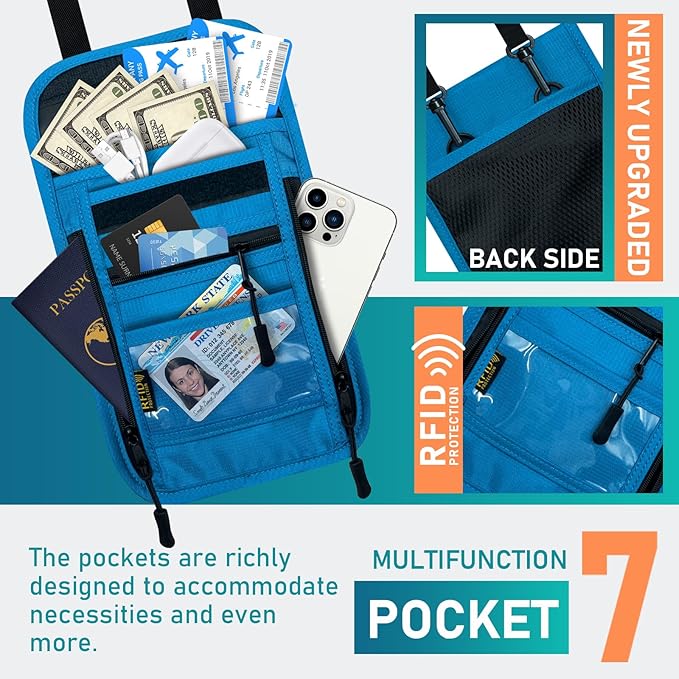 sundee Travel Neck Wallet with Double Zippers, RFID Blocking Passport Holder with Adjustable Neck Strap for Men and Women to Keep Cash, Credit Cards and Travel Documents Safe - Lake Blue