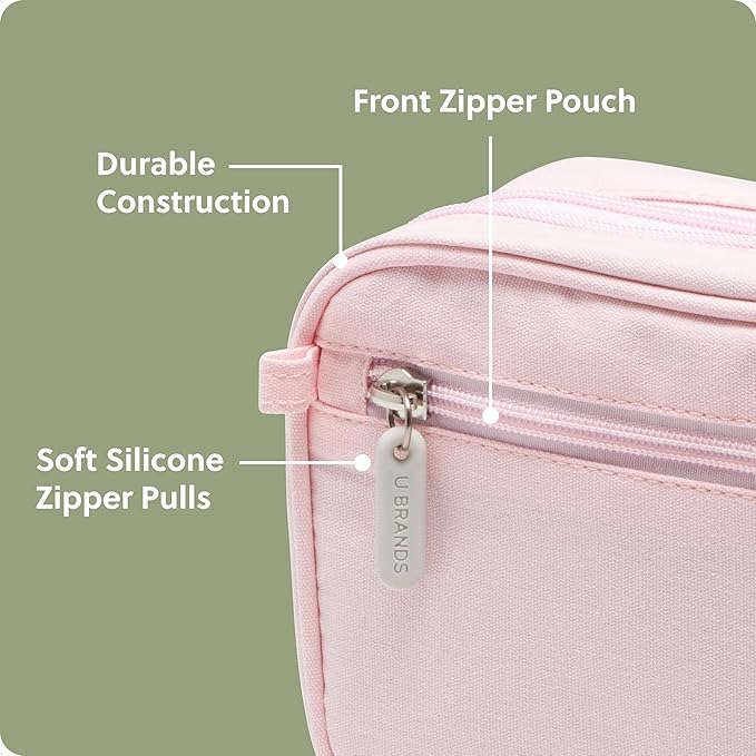 U Brands Dual Zip Canvas Tech Organizer Pouch, 7.8" x 5" Cord Organizer, Computer Accessories, Travel Essentials, Travel Gifts for Men Who Have Everything, Electronics, Petal Pink