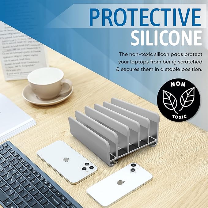 Elestoria Adjustable Laptop Stand - Fits 5 Devices, Modern Design, Tool Free Adjustment, Protective & Stable | Grey