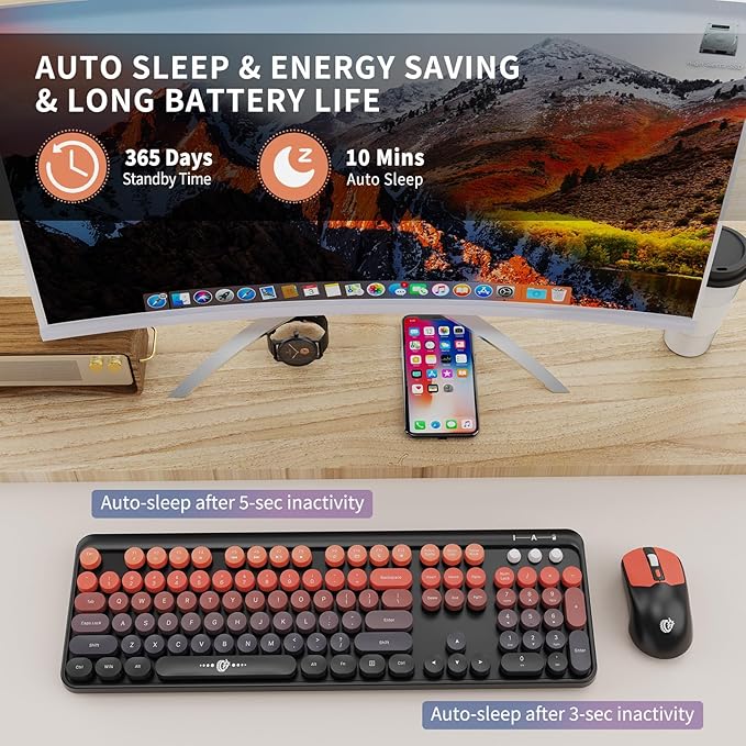 FD Wireless Keyboard and Mouse Combo | Cute Colorful Keyboard and Mouse with 2.4GHz Cordless Retro Typewriter Keyboard | Auto-Sleep | USB Receiver for Windows PC/Laptop - Black Orange Gradient