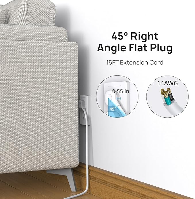 TROND Surge Protector Power Strip Flat Plug, 15ft Long Extension Cord, 7 Widely-Spaced Outlets with 2 USB-A & 1 USB-C, ETL Listed, 1700J, Wall Mountable, for Home Office Garage, White