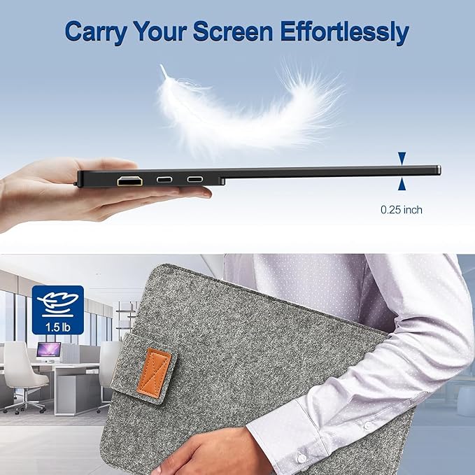 InnoView Portable Monitor 15.6" 1080P Portable Monitors for Laptop with Protective Sleeve Built-in 90° Adjustable Stand USB C HDMI Ultra-Slim Portable Laptop Monitor for MacBook Phone PS Xbox Switch