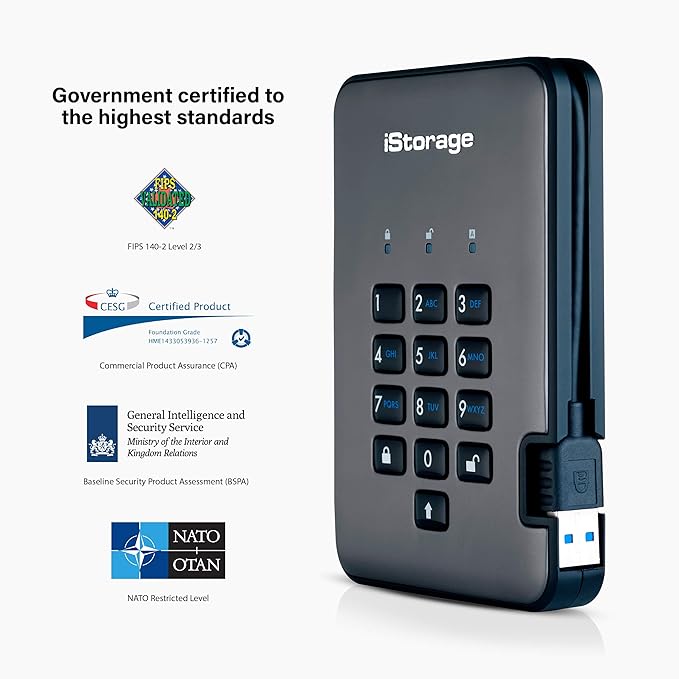 iStorage diskAshur PRO2 HDD 4TB | Secure Portable Hard Drive | FIPS Level 3 Certified | Password Protected | Dust/Water-Resistant | Hardware encryption