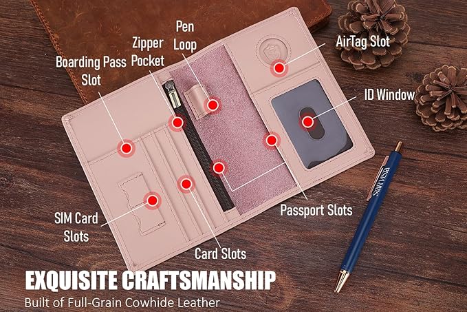 STAR VISTA Phoenix Leather Passport Holder, Calfskin Leather Travel Wallet - RFID Blocking, ID Window, Zipper Pocket, Pen & Notebook Included, AirTag Holder, Pale Pink