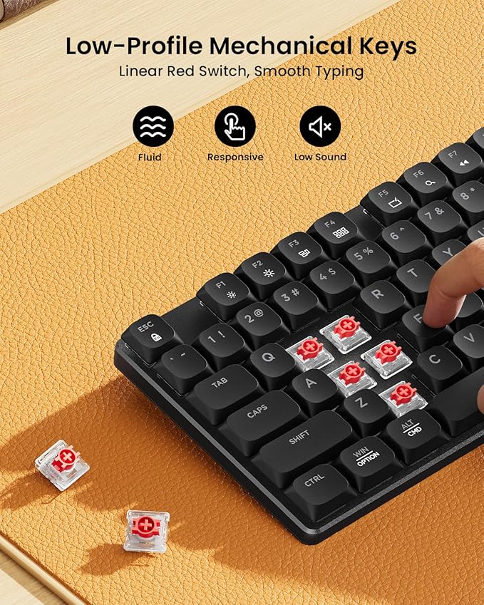 ProtoArc Mechanical Keyboard and Mouse, KM310 Wireless Rechargeable Aluminum Keyboard Mouse, 2.4G+Dual Bluetooth, Low Profile Keys, Red Switches, Multi-Device, for Windows/Mac - Black