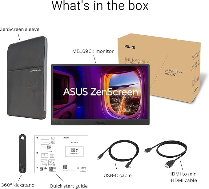 ASUS ZenScreen 16” Portable USB Monitor (MB169CK) - Full HD, IPS, Dual USB-C, Mini-HDMI, Eye Care, Flicker Free, Blue Light Filter, Anti-Glare Surface, 360° Kickstand, 3 yr Warranty