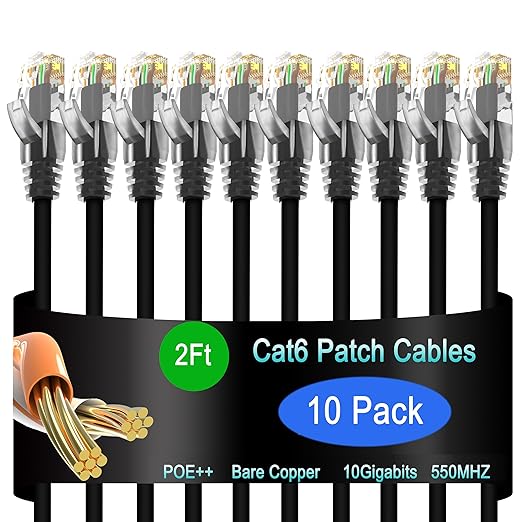 Cat6 Ethernet Patch Cable 2 ft (10 Pack), Cat6 Patch Cable for Data Centers, Cat 6 Patch Cable 10G, Network Patch Cables for Home and Enterprise Network -Black