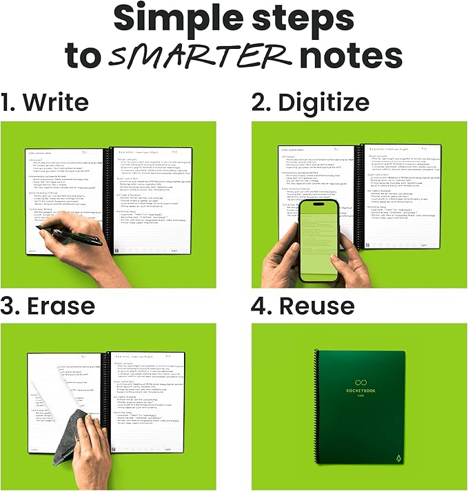 Rocketbook New Core Reusable Spiral Notebook, Executive Size 6x8.8, Green - Lined Pages, App-Connected, Erasable, Durable Cover, Ideal for School, Work, and Creative Projects