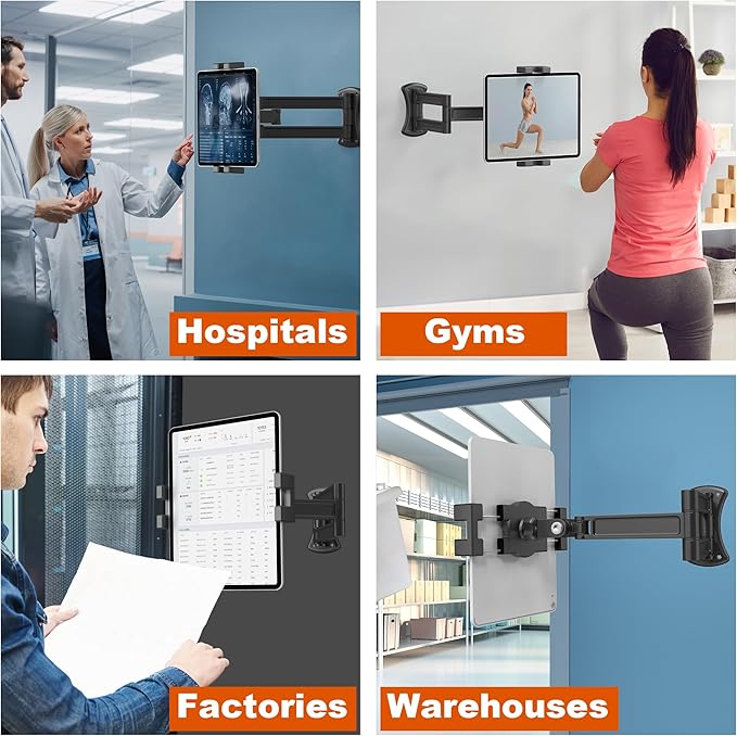 Tablet Wall Mount, Aluminum Sturdy iPad Wall Mount Holder for 7"-12.9" Tablets, 360° Swivel Arm, Easy Installation, Perfect for Classroom Gym Kitchen - Compatible w/iPad Pro Air Mini Samsung