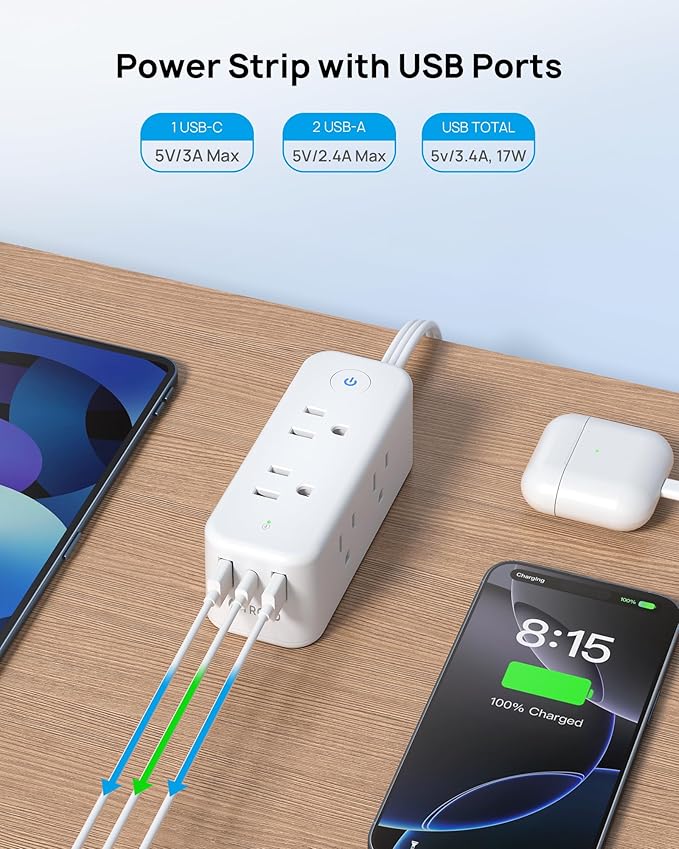 TROND 360° Rotating Flat Plug Power Strip, 6 Widely Spaced Outlets, 2 USB A and 1 USB C, 1440J Surge Protector, Wall Mountable, Extension Cord 5ft for Home Travel Office Dorm Room Essentials, White