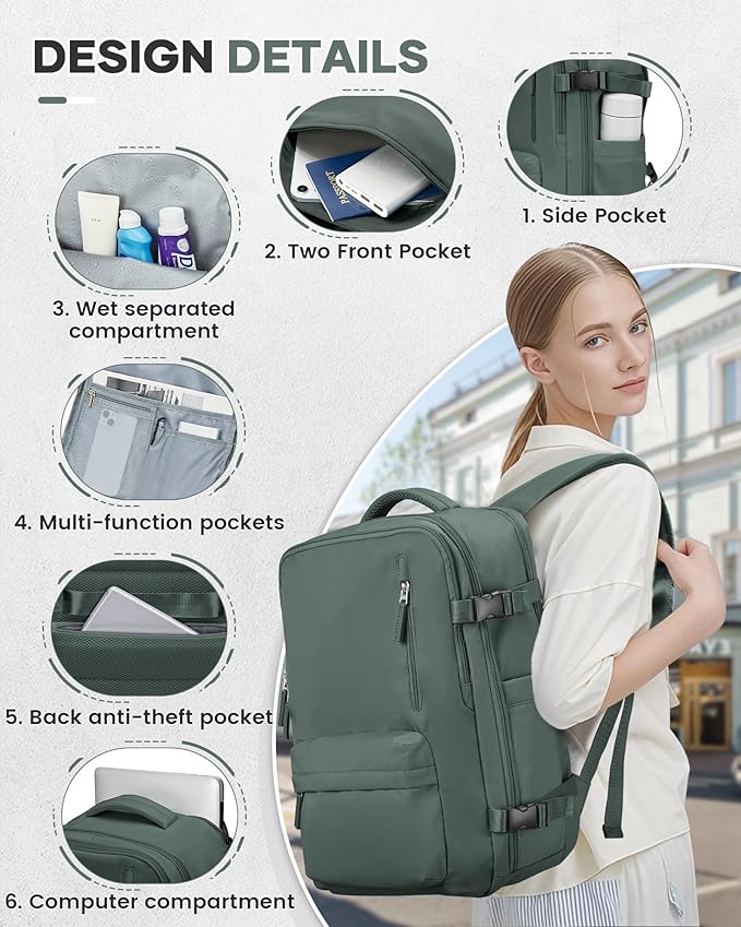 Vacuum Travel Backpack with Pump for Women, Personal Item Carry on Backpacks Flight Approved 18x14x8 inches for Men,Laptop Waterproof Work Compression bags Casual Daypack. (Green)