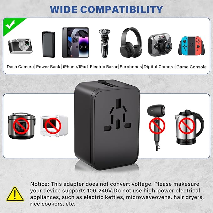 Travel Adapter with 2 USB A+1 USB C,Universal All in One Worldwide Travel Adapter,Power Converters Wall Charger,AC Power Plug Adapter,International Power Adapter for USA EU UK AUS Black