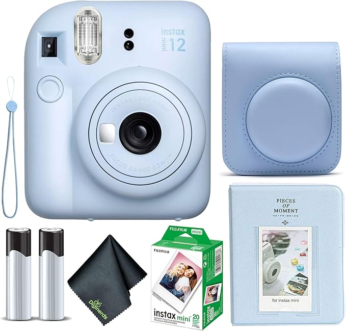 Fujifilm Instax Mini 12 Instant Camera Pastel Blue Bundle with Fuji Instax Mini Film Value Pack (20 Sheets) + Protective Carrying Case + Photo Album + Microfiber Cleaning Cloth