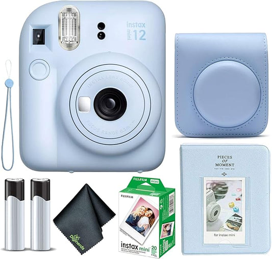 Fujifilm Instax Mini 12 Instant Camera Pastel Blue Bundle with Fuji Instax Mini Film Value Pack (20 Sheets) + Protective Carrying Case + Photo Album + Microfiber Cleaning Cloth