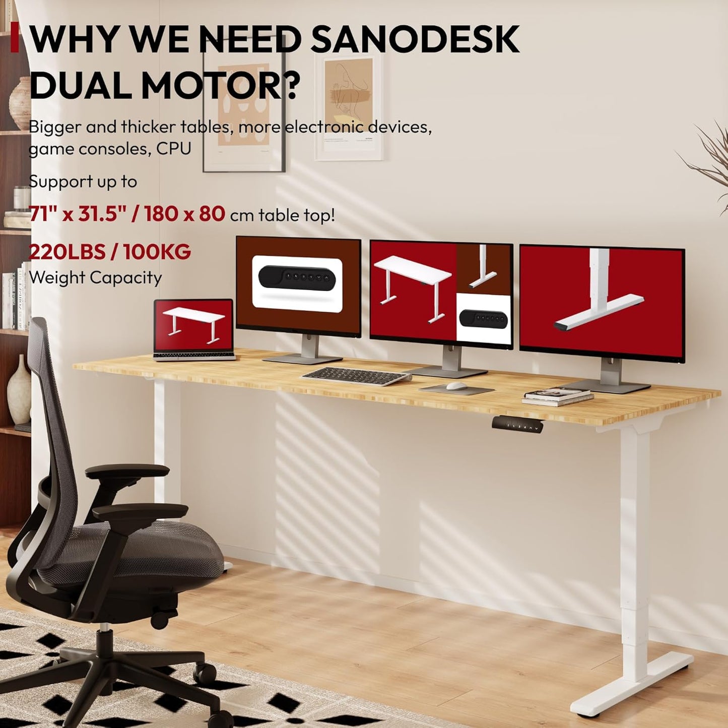 Standing Desk with Dual Motor, 3-Stage Lifting Column, Handset with 3 Preset and Sit-Stand Reminder - 78 inch Whole Piece Real Bamboo/White Frame, Height Adjustable Desk for Home and Office