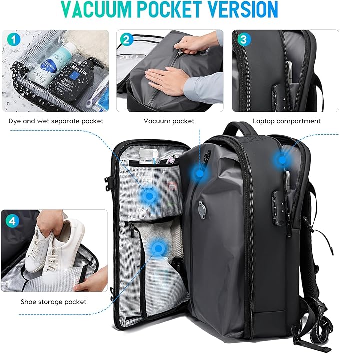 BANGE Travel Backpack with Vacuum Pocket and TSA lock version can hold 15.6 inch Laptop suitable Overnight Flight Approved Anti-theft Bag