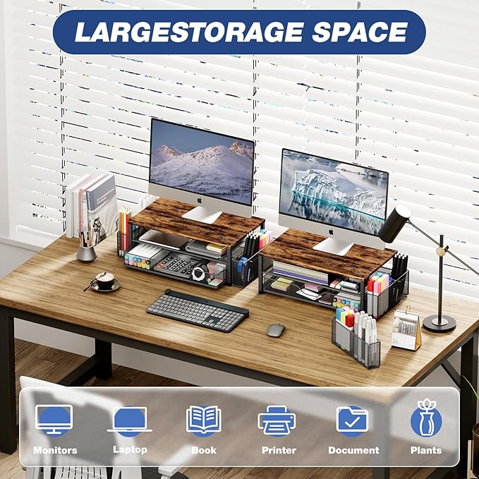 Desk Organizers and Accessories, 2-Tier Computer Monitor Stand Riser with Drawer and 2 Pen Holders, Laptop Stand, Office Desk Accessories for Office Supplies, Brown