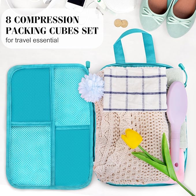 8 Set Compression Packing Cubes for Travel, Expandable Waterproof Travel Organizer, Lightweight Luggage Organizer with Shoes & Laundry Bags, Travel Accessories for Men Women, Turquoise
