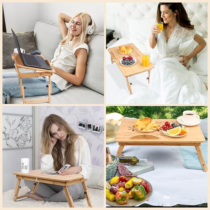Adjustable Bamboo Laptop Desk with Cooling Fan, Foldable Bed Tray for Breakfast, Writing, and Drawing, with Tilting Top and Drawer, Portable Lap Desk for Bed, Sofa, and Floor.