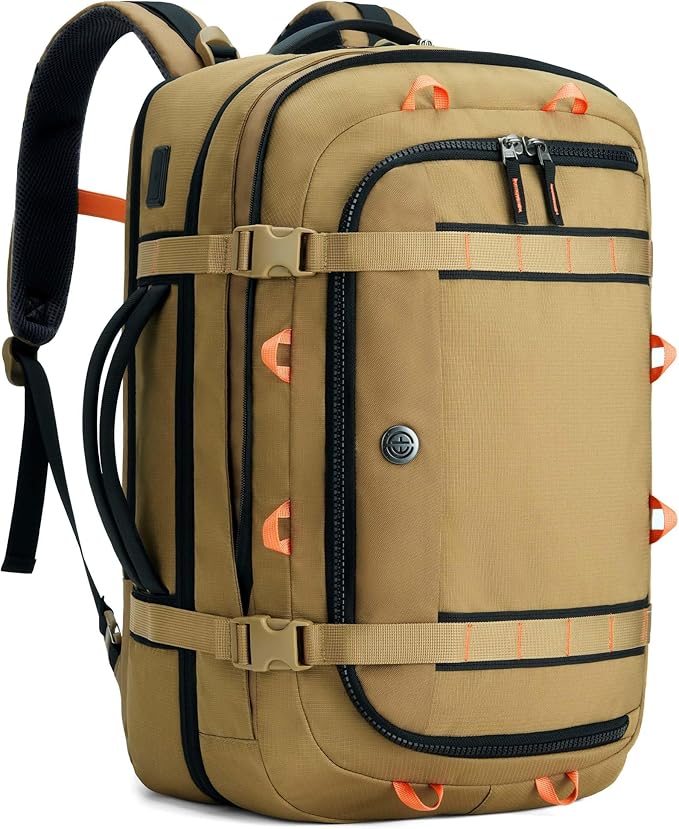 Tolaccea Travel Laptop Backpack, TSA Flight Approved Carry On Travel Duffel Backpack, Dual Laptop Storage for 17.3" and 15.6" Laptop, Large Luggage Backpack 40-45L Expandable for Men Women (Khaki)