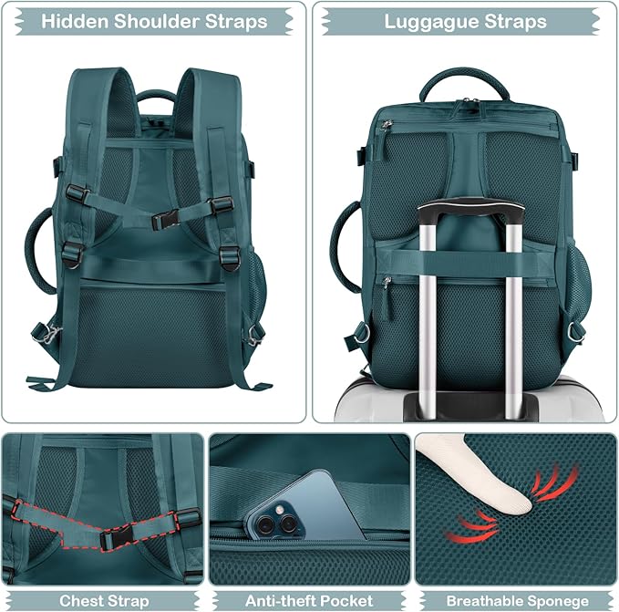 Hanples Women's Large 17.3 Inch Laptop Backpack, Peacock Blue, Waterproof, Suitable for Air Travel