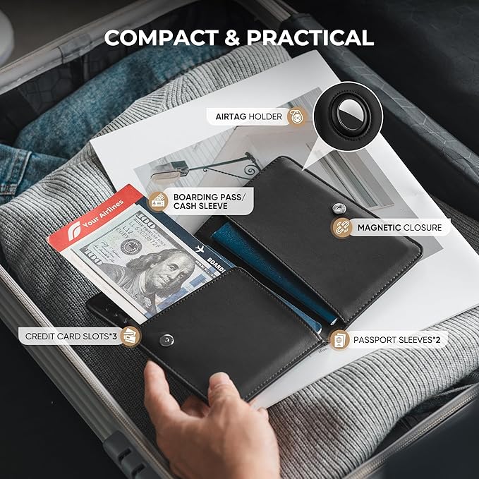 VULKIT Passport Holder with Airtag Slot, Premium Nappa Leather, RFID Blocking Airtag Passport Wallet