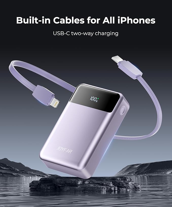 Portable-Charger-Power-Bank Travel Essentials Battery Pack USB C 30000mAh Built in Cable 22.5W Phone Fast Charging Powerbank Compatible with iPhone 16 15 14 13 12 X iPad Samsung Google (Purple)