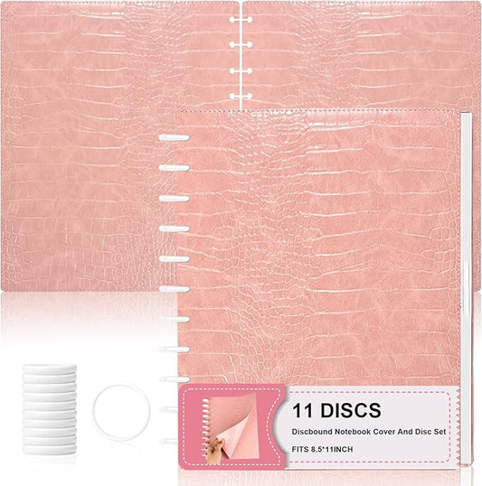 Pu Leather 8.5x11 In Discbound Notebook Cover And Disc Set Discbound Planner Cover With 11 Pcs Expansion Discs Letter Size Disc Bound Notebook Accessories For Office(Pink;No Inner Paper)