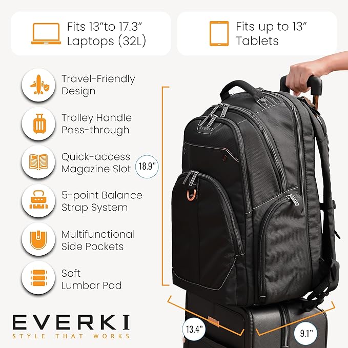 EVERKI 32L Atlas Business Laptop Backpack – Adjustable Compartment for Work, Travel-Friendly Business & Office Backpack for Men & Women, College, Durable Computer Bag, Fits 13"-17.3", Black