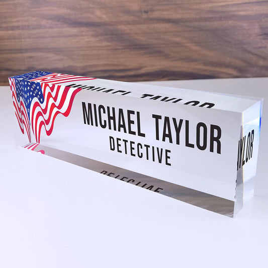 Artblox Office Desk Name Plate Personalized | Custom Name Plates for Desks | Us Flag Design On Clear Acrylic Glass | Office Desk Decor - (8" x 2.5")