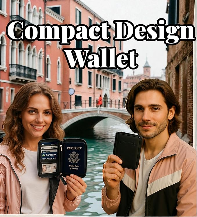 Passport Wallet - Travel Document Holder w/RFID Blocking – Full Grain Leather – Bifold compact zip around Wallet with Credit Card Slots for Women and Men, black, 500-90