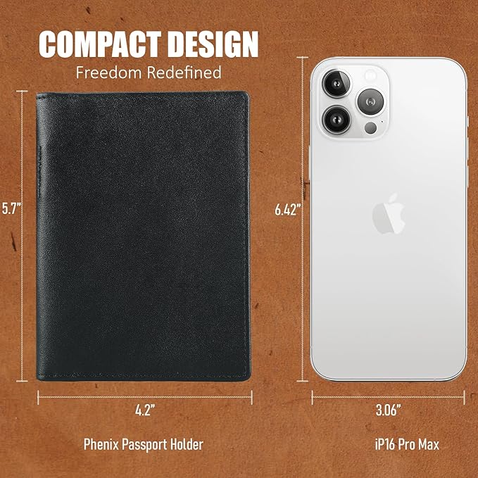 STAR VISTA Phoenix Leather Passport Holder, Calfskin Travel Wallet - RFID Blocking, ID Window, Zipper Pocket, Pen & Notebook Included, AirTag Holder, Black