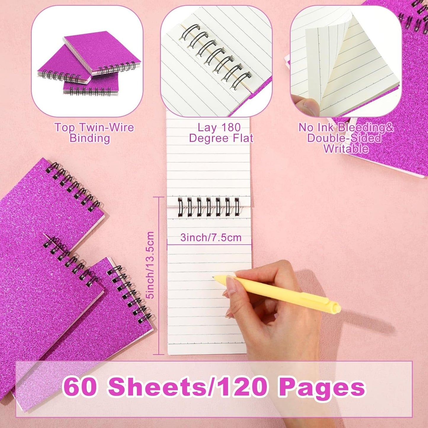 Tenceur 6 Pcs Pocket Notebook Bulk Small 3x5 Inch Spiral Notepads Mini Top Bound Notebook with Lined 120 Pages Ruled Memo Pads for Office College Nurse Essentials Back to School Gift (Glitter Hot Pink)