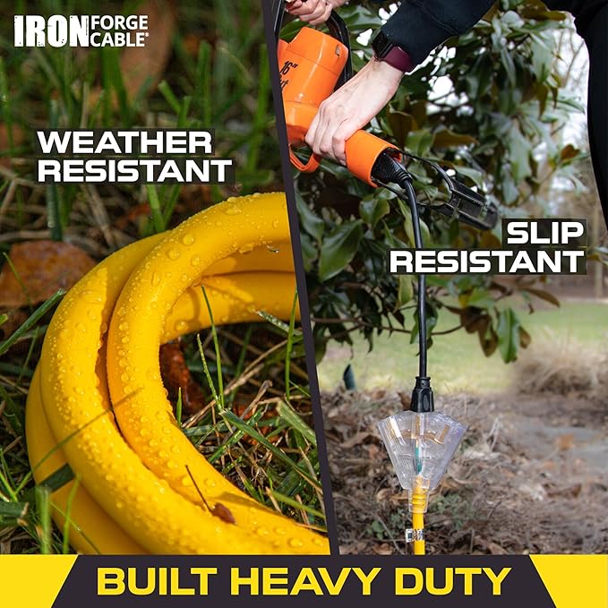 Iron Forge Cable 2 Pack 50 Foot Lighted Outdoor Extension Cord with 3 Outlets - 12/3 SJTW Heavy Duty Yellow Extension Cable 3 Prong - Multiple Outlets