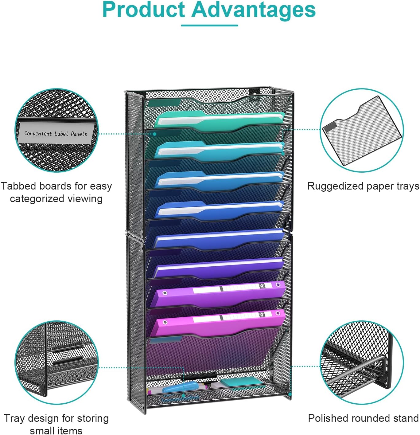 10 Tier Hanging Wall File Organizer, Wall File Holder Organizer Mounted Letter Mail Magazine File Rack With Flat Tray For Office Home School, Black