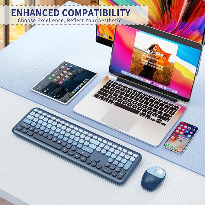 HotFox Wireless Keyboard and Mouse Combo, Full-Size Retro Typewriter Keyboard with Round Keycaps, Ergonomic Design for Windows PC, Home and Office Use -Blue