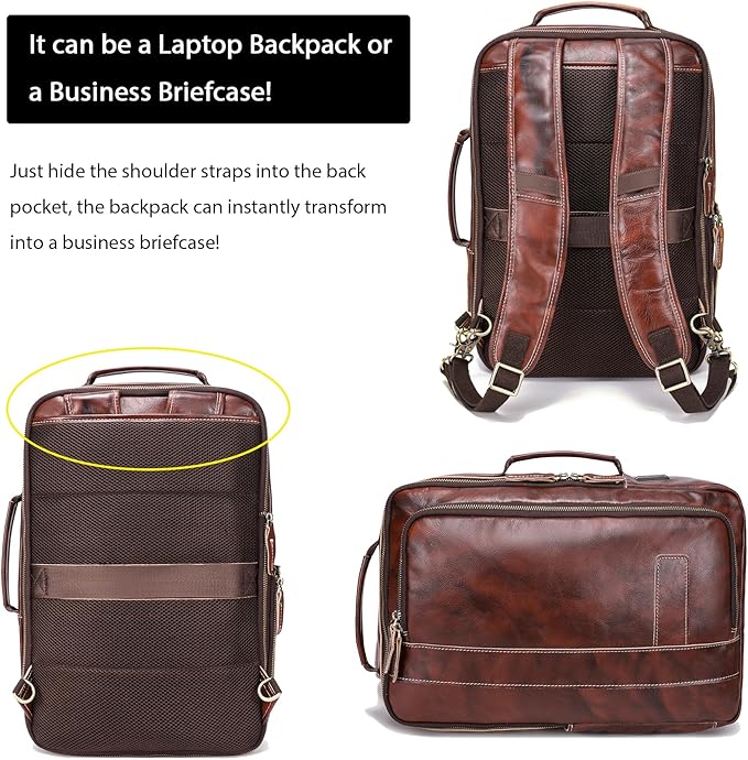 LANNSYNE Vegetable Tanned Leather Backpack for men, Expandable Leather Backpack Fits 15.6 Laptop, Tote Shoulder Travel Bag Rucksack